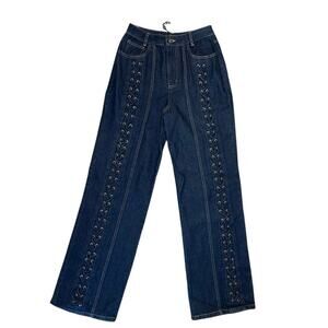 NWT White Fox Serenity Mid / High Rise Lace Up Wide Leg Dark Wash Denim XS Y2K